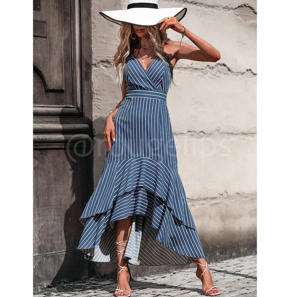Striped Blue White V-Neck High Low Maxi Dress Sleeveless, Spaghetti Straps Flare - Picture 6 of 10
